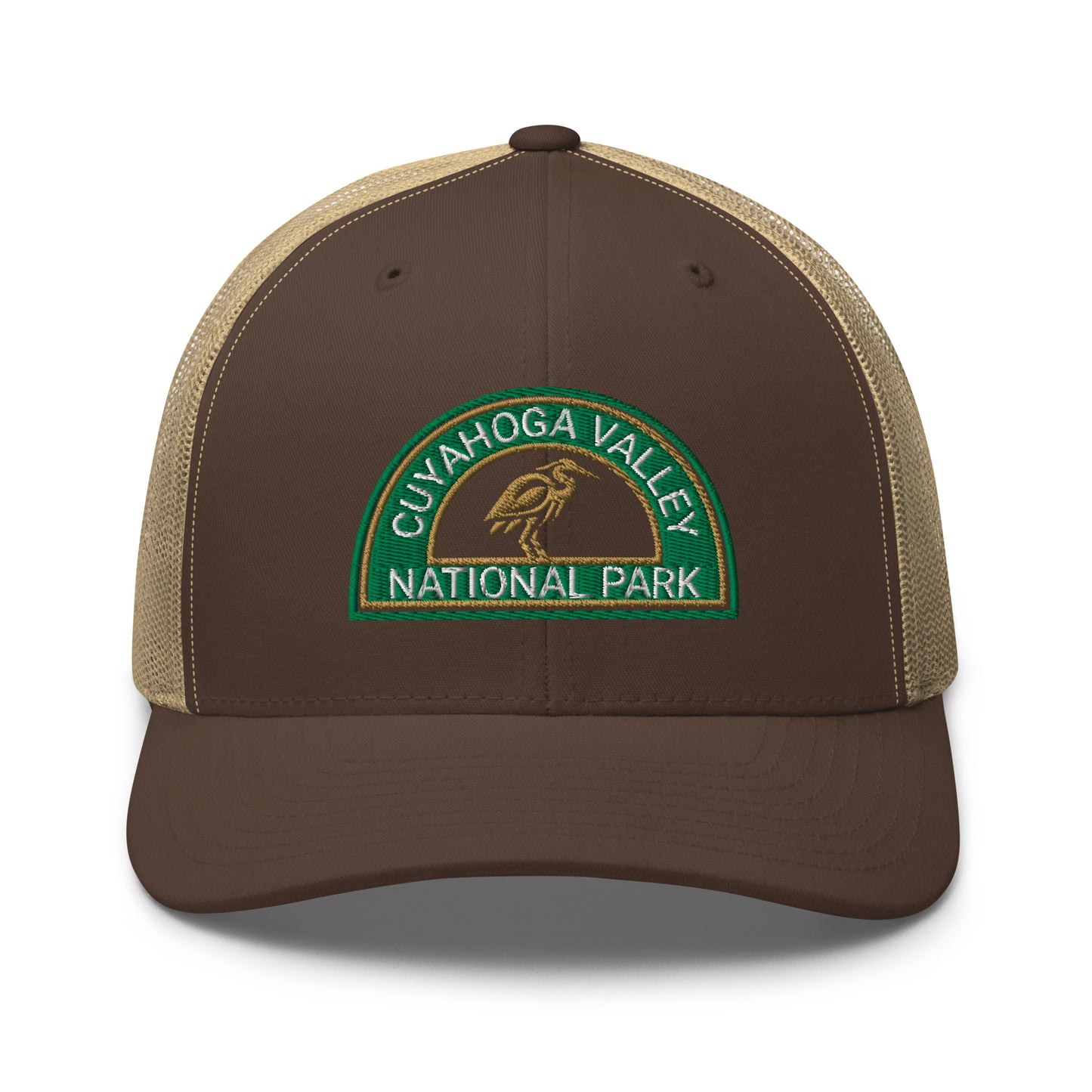 Cuyahoga Valley National Park Hat with a half moon embroiderd patch in Green and Sandstone featuring a Blue Heron on a Yupoong 6606 Brown/Khaki Hat - front view.