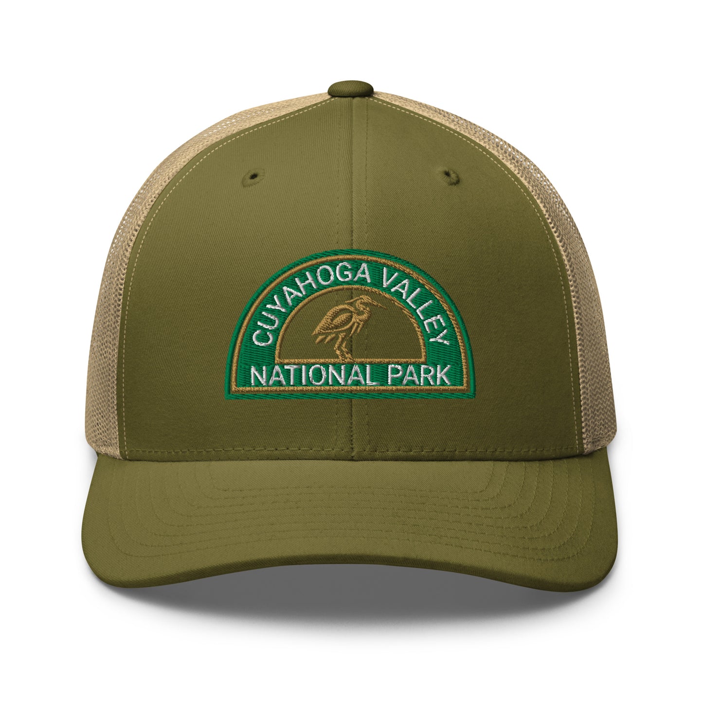 Cuyahoga Valley National Park Hat with a half moon embroiderd patch in Green and Sandstone featuring a Blue Heron on a Yupoong 6606 moss green/khaki Hat - front view.