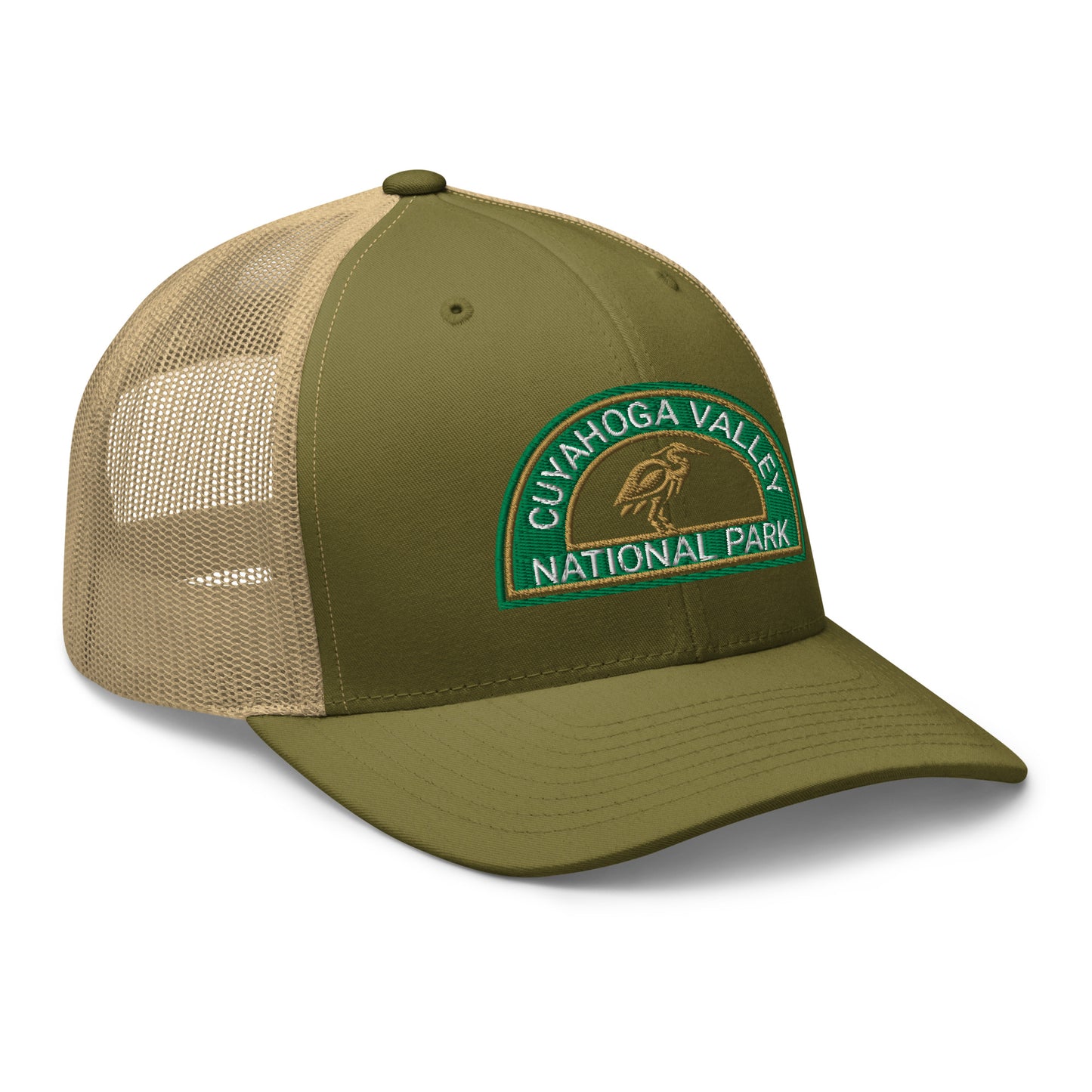 Cuyahoga Valley National Park Hat with a half moon embroiderd patch in Green and Sandstone featuring a Blue Heron on a Yupoong 6606 moss green/khaki Hat - side view.
