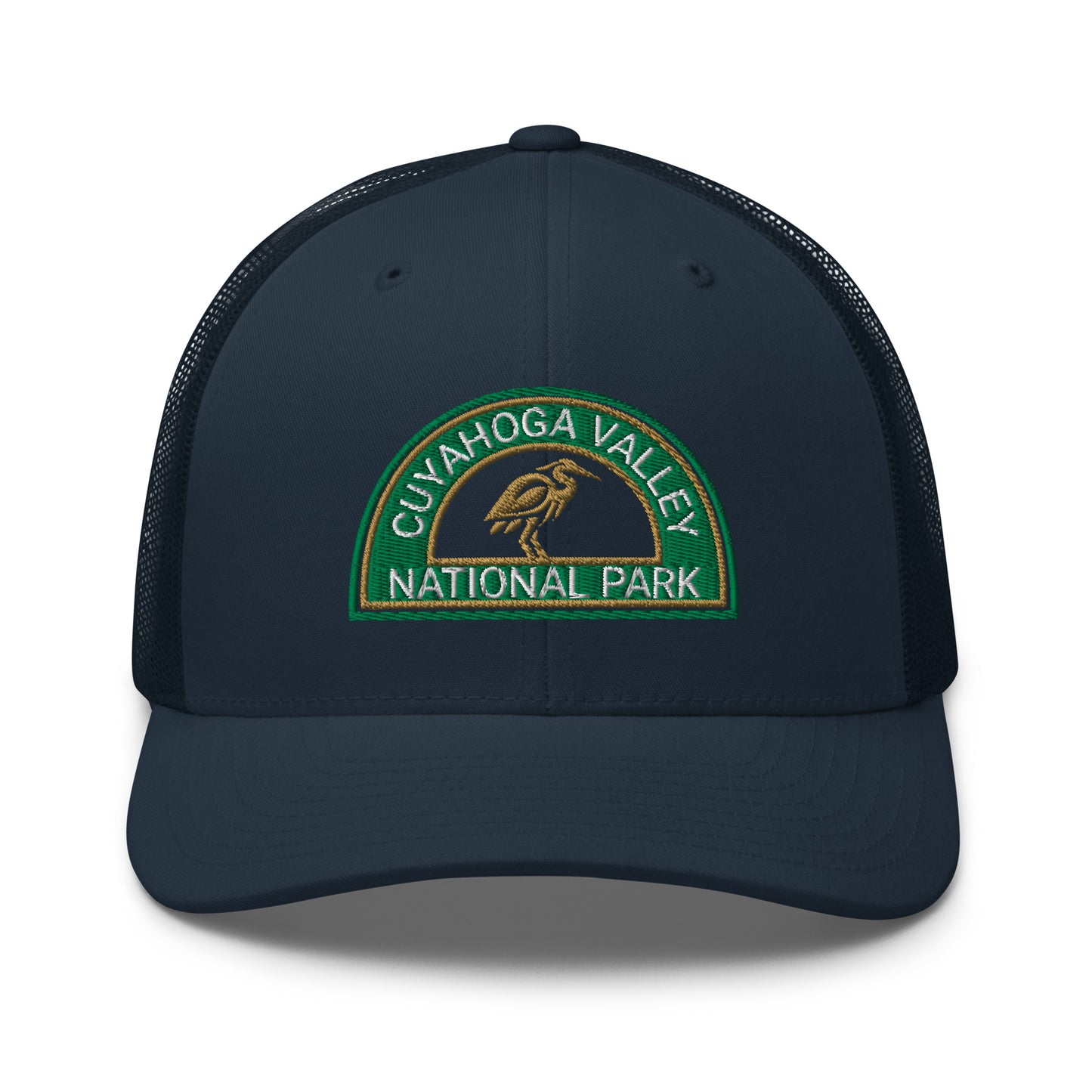 Cuyahoga Valley National Park Hat with a half moon embroiderd patch in Green and Sandstone featuring a Blue Heron on a Yupoong 6606 blue Hat - front view.