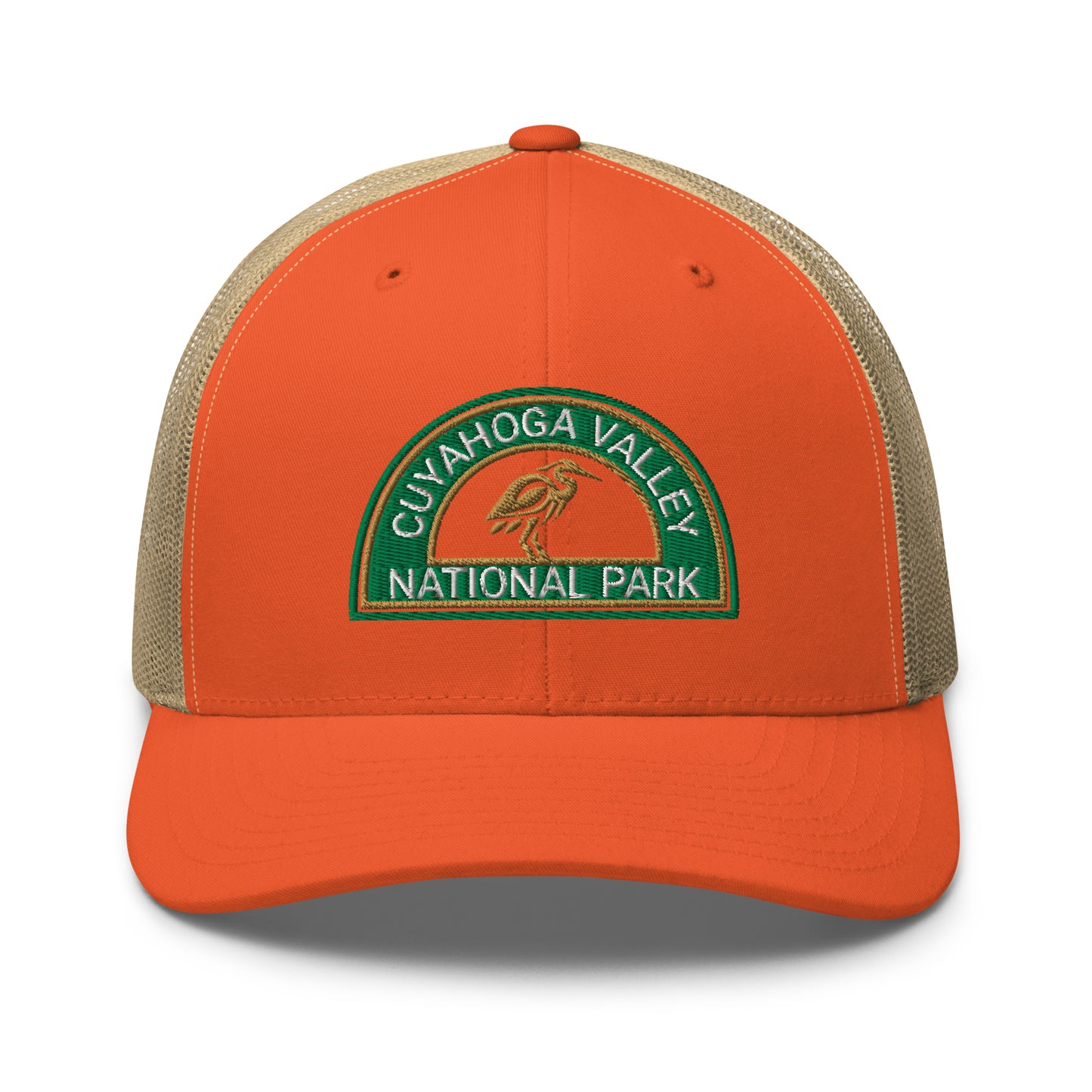 Cuyahoga Valley National Park Hat with a half moon embroiderd patch in Green and Sandstone featuring a Blue Heron on a Yupoong 6606 orange/khaki Hat - front view.