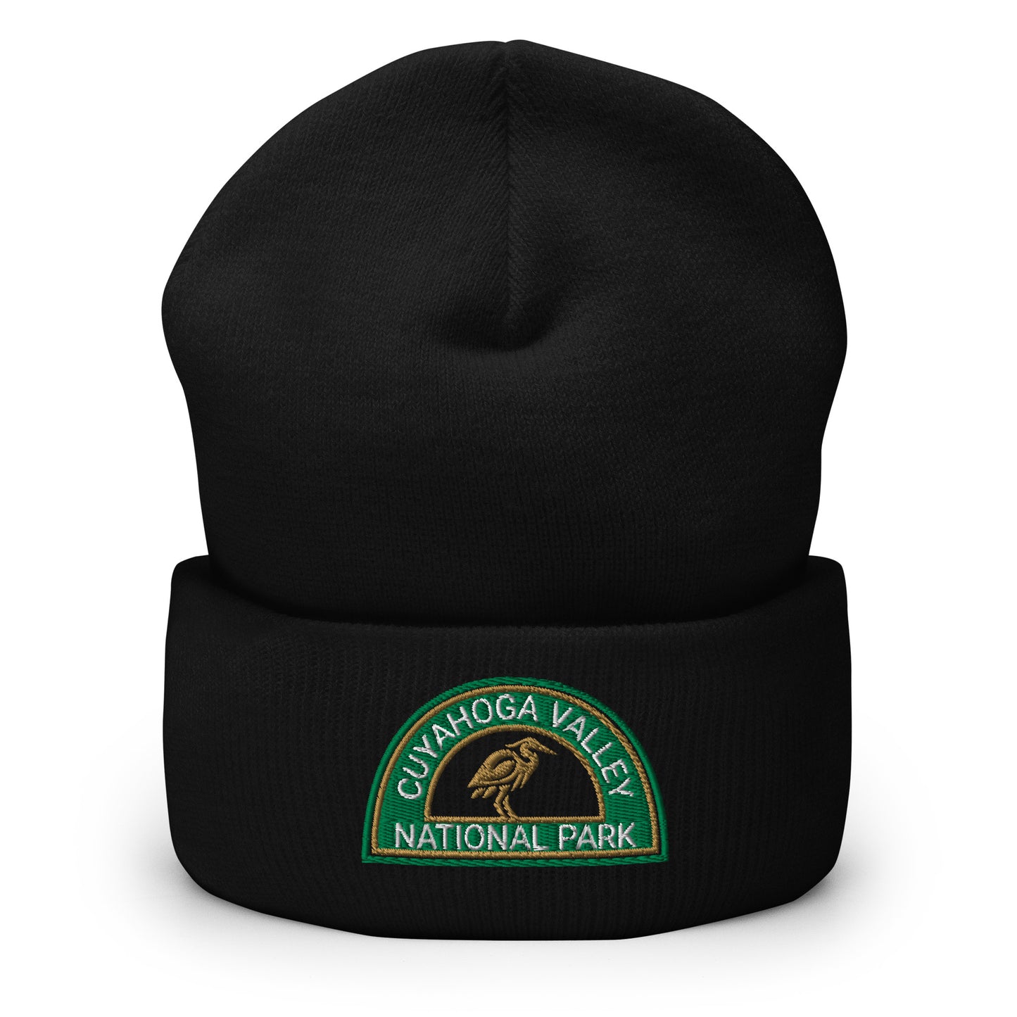 Cuyahoga National Park Beanie with a half moon embroidered patch with green and sandstone embroidery on a black Yupoong 1501KC beanie.