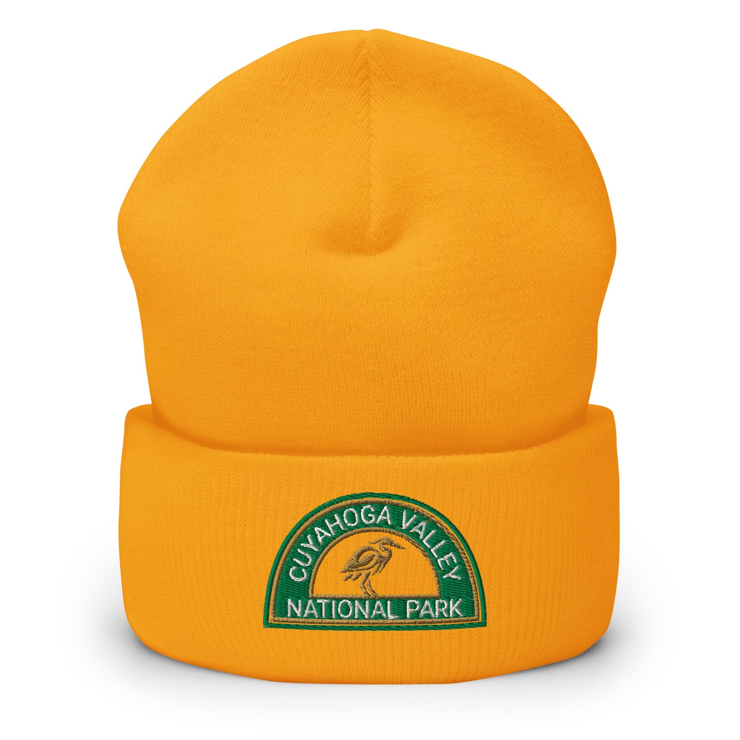 Cuyahoga National Park Beanie with a half moon embroidered patch with green and sandstone embroidery on a gold Yupoong 1501KC beanie.