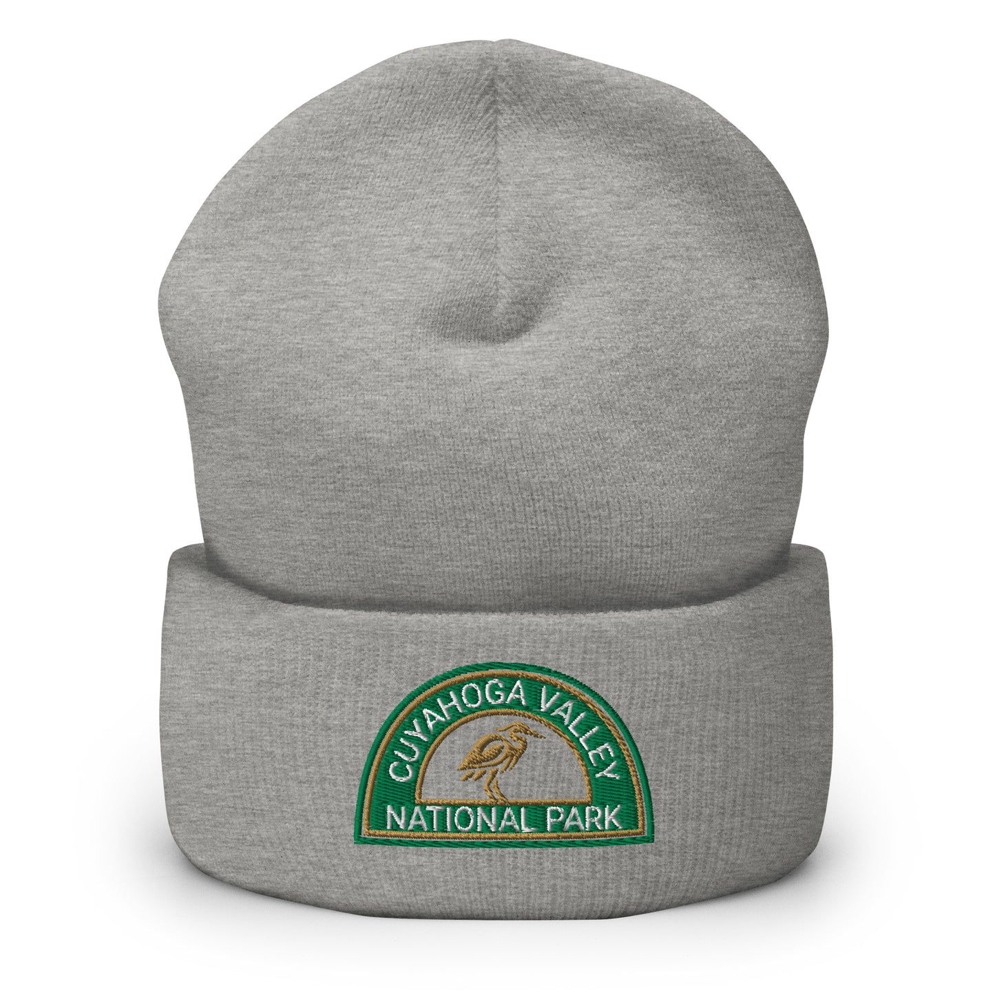 Cuyahoga National Park Beanie with a half moon embroidered patch with green and sandstone embroidery on a gray Yupoong 1501KC beanie.