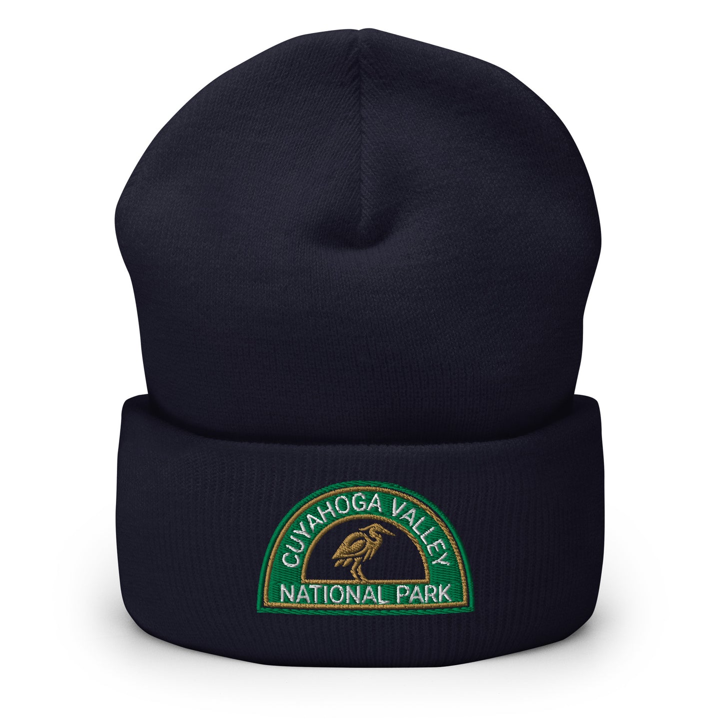 Cuyahoga National Park Beanie with a half moon embroidered patch with green and sandstone embroidery on a blue Yupoong 1501KC beanie.