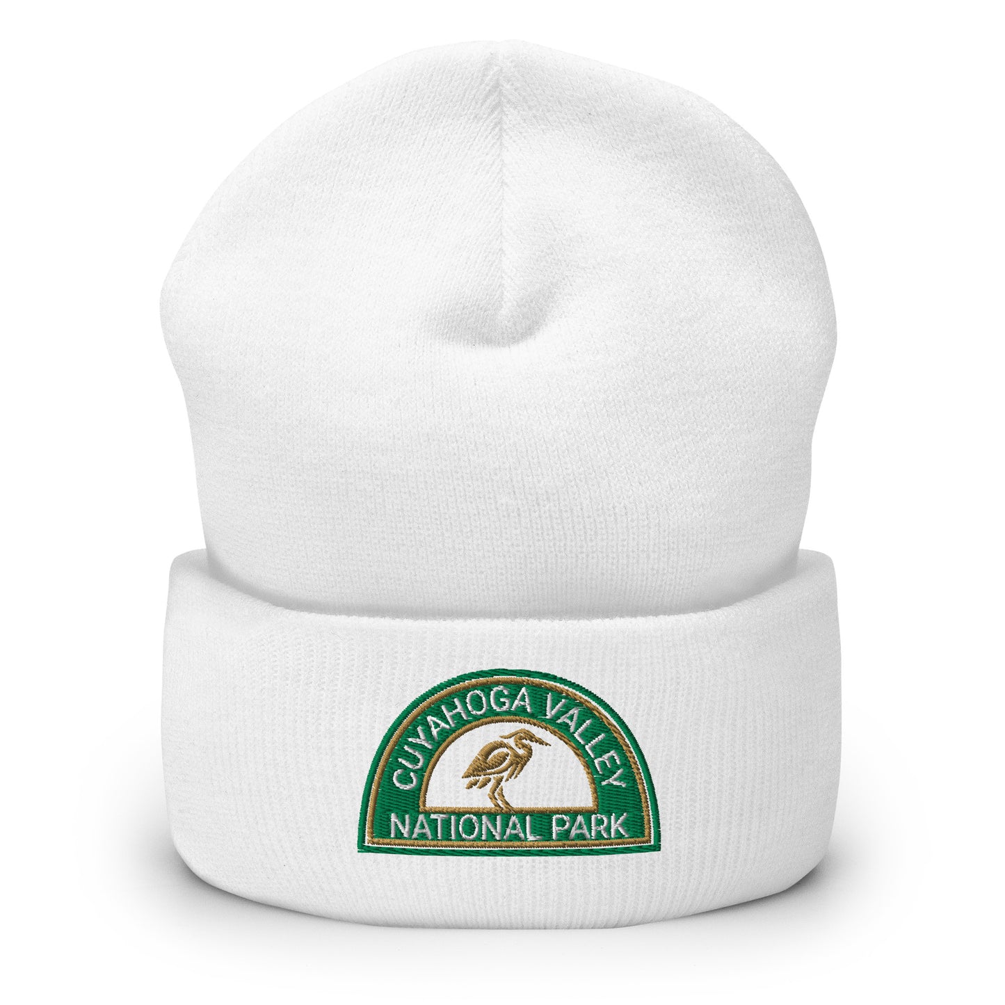 Cuyahoga National Park Beanie with a half moon embroidered patch with green and sandstone embroidery on a white Yupoong 1501KC beanie.