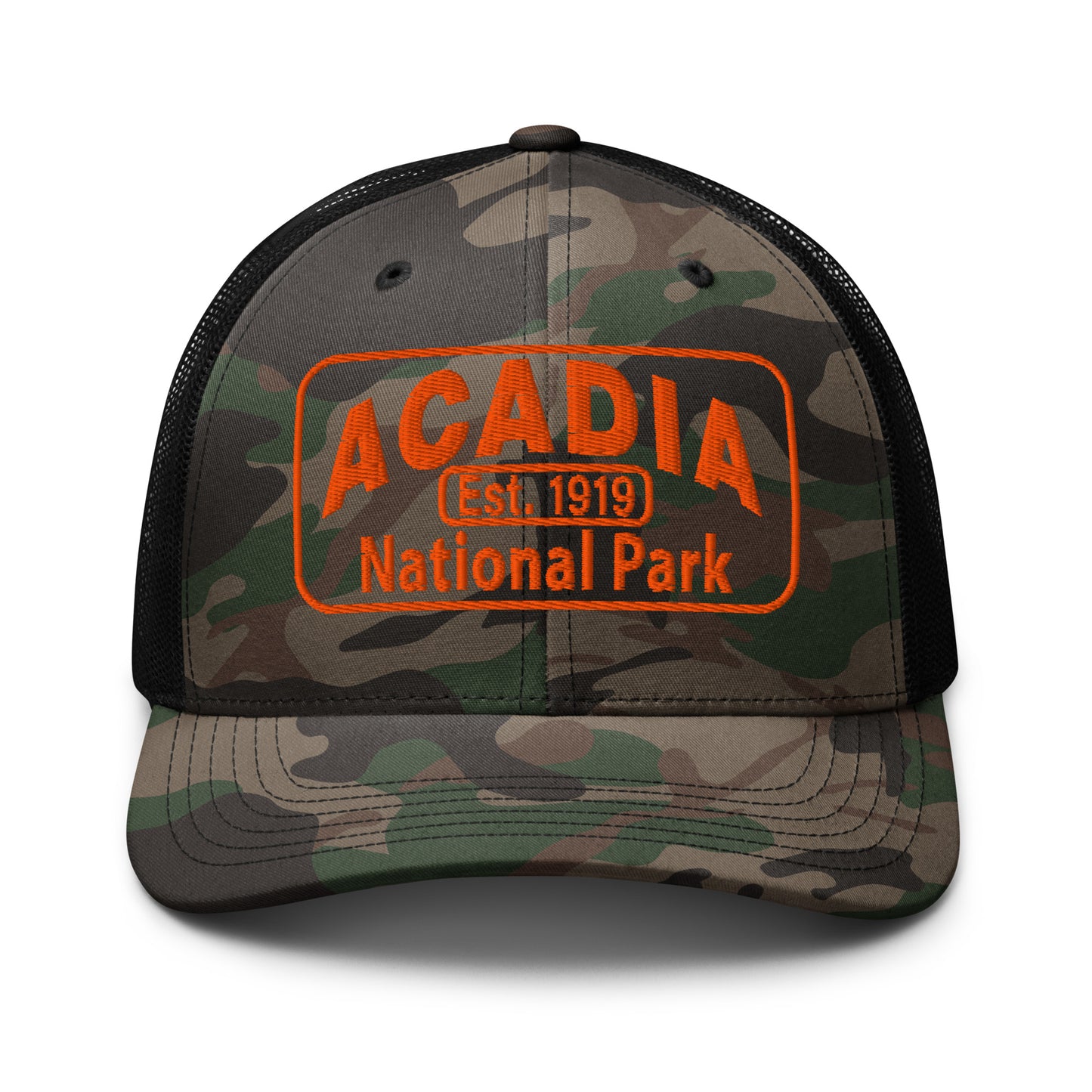 Acadia Hat with Camo Otto 105-1247 trucker hat with a camo front and black back and Acadia National Park Hat Logo embroidered in orange thread. Pictured from the front side.