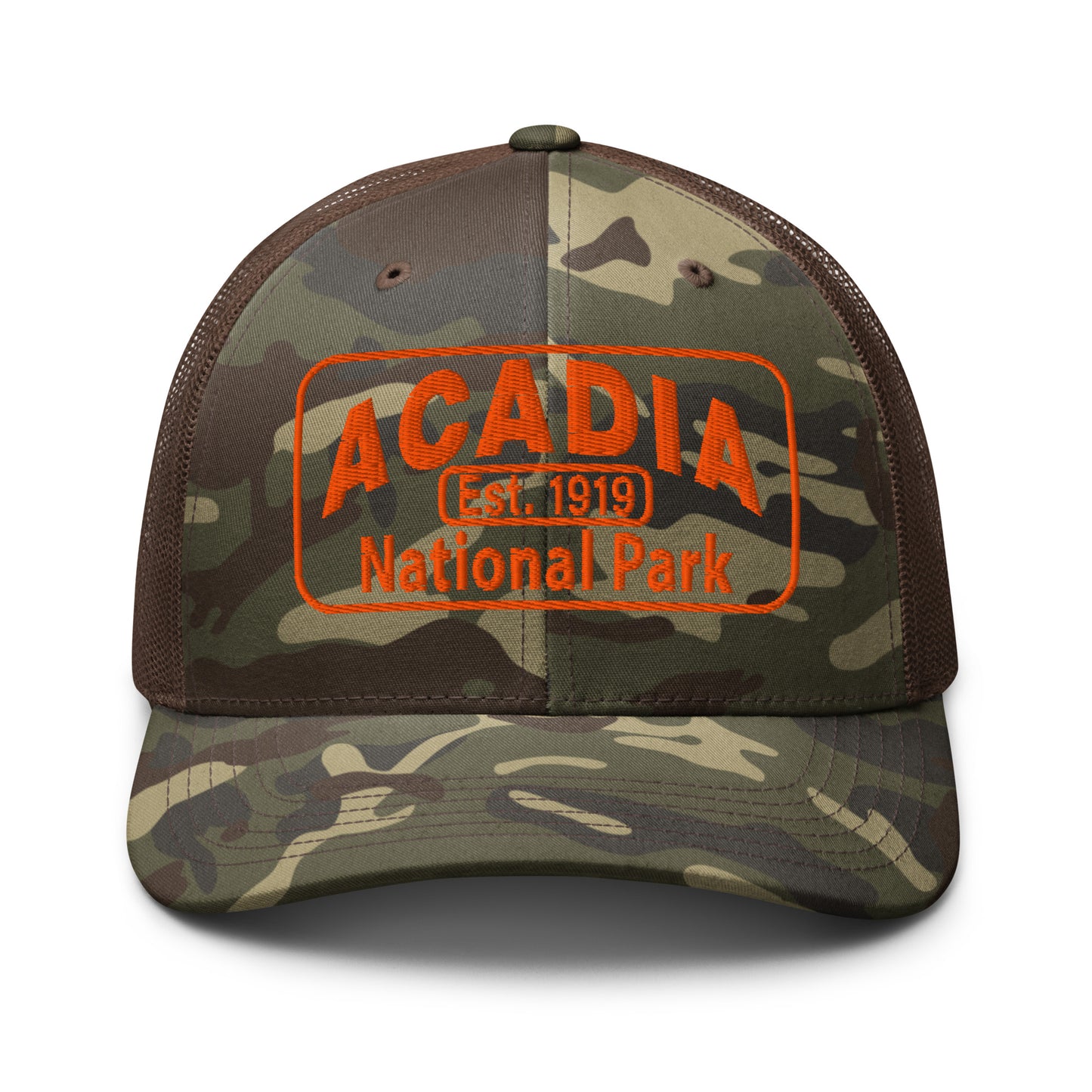 Acadia Hat with Camo Otto 105-1247 trucker hat with a camo front and brown back and Acadia National Park Hat Logo embroidered in orange thread. Pictured from the front side.