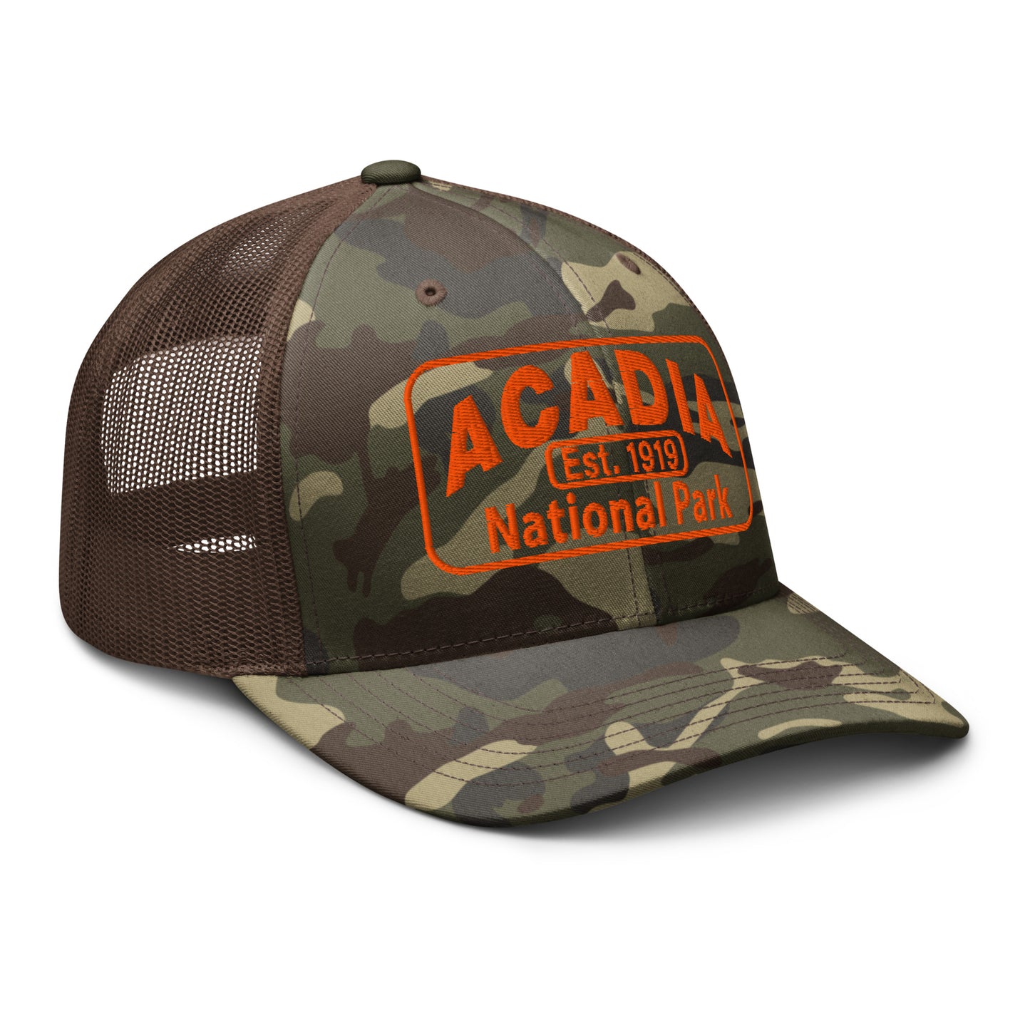 Acadia Hat with Camo Otto 105-1247 trucker hat with a camo front and brown back and Acadia National Park Hat Logo embroidered in orange thread. Pictured from the right side.