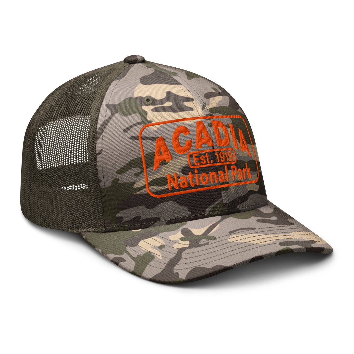 Acadia Hat with Camo Otto 105-1247 trucker hat with a camo front and olive back and Acadia National Park Hat Logo embroidered in orange thread. Pictured from the right side.