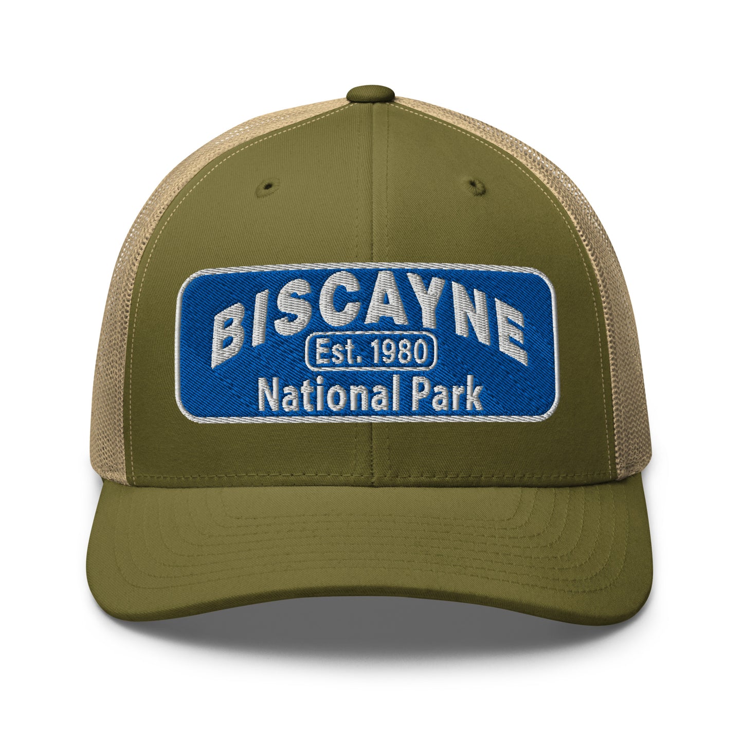 Biscayne National Park Hat - Yupoong 6606 Trucker Hat - Front View - Color: Moss/Khaki