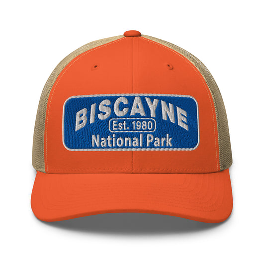 Biscayne National Park Hat - Yupoong 6606 Trucker Hat - Front View - Color: Orange/Khaki