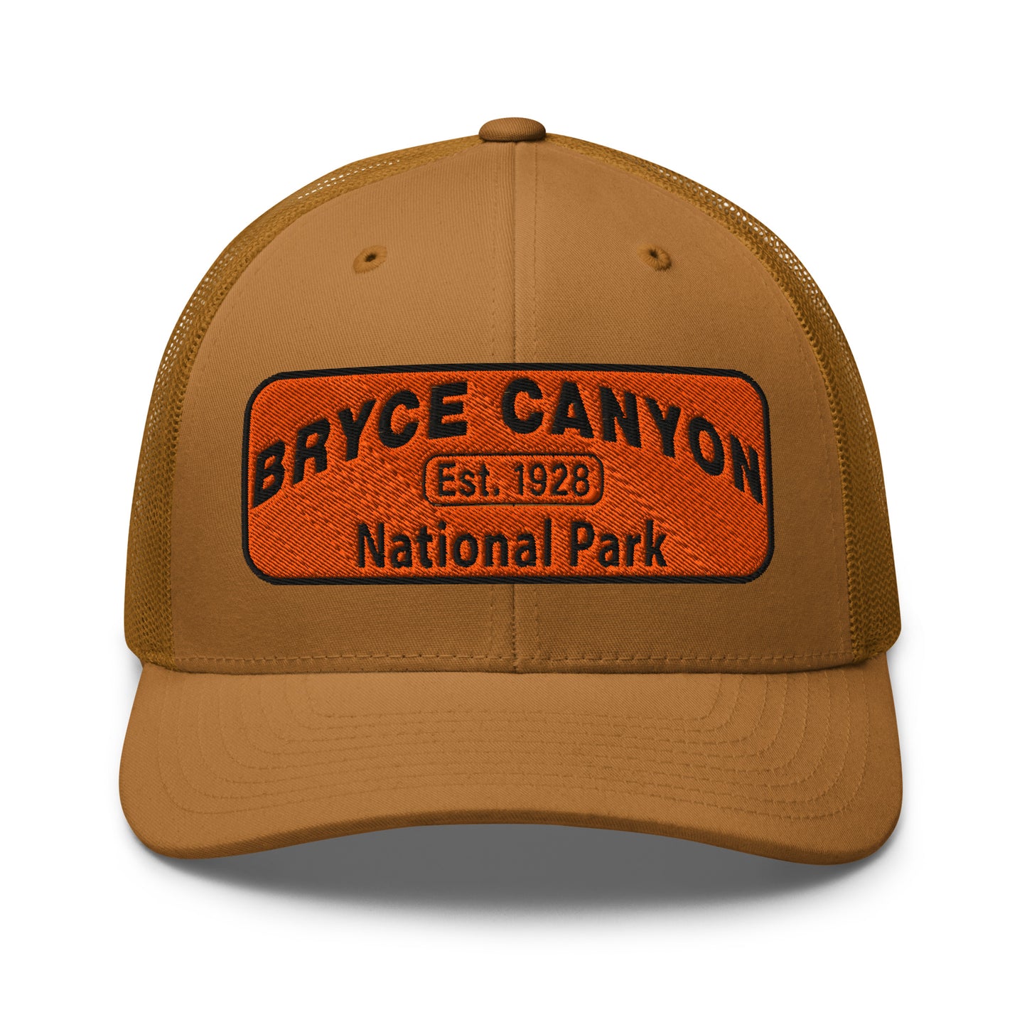 Bryce Canyon National Park Hat - Orange and Black Embroidered Patch - Yupoong 6606 Trucker Hat - Front View - Color: Caramel