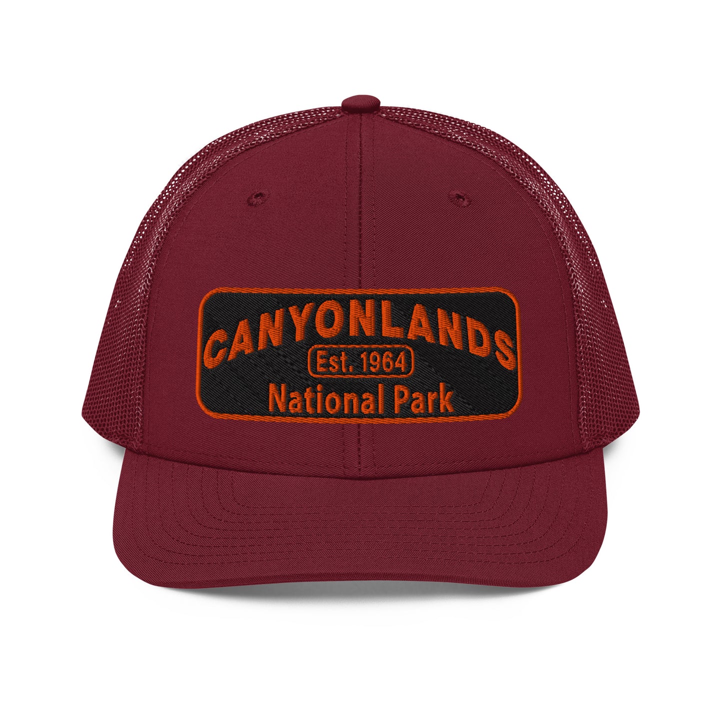 Canyonlands National Park Camo Hat - Black and orange embroidered patch logo - Richardson 112 Trucker Hat - Front View - Color: Cardinal