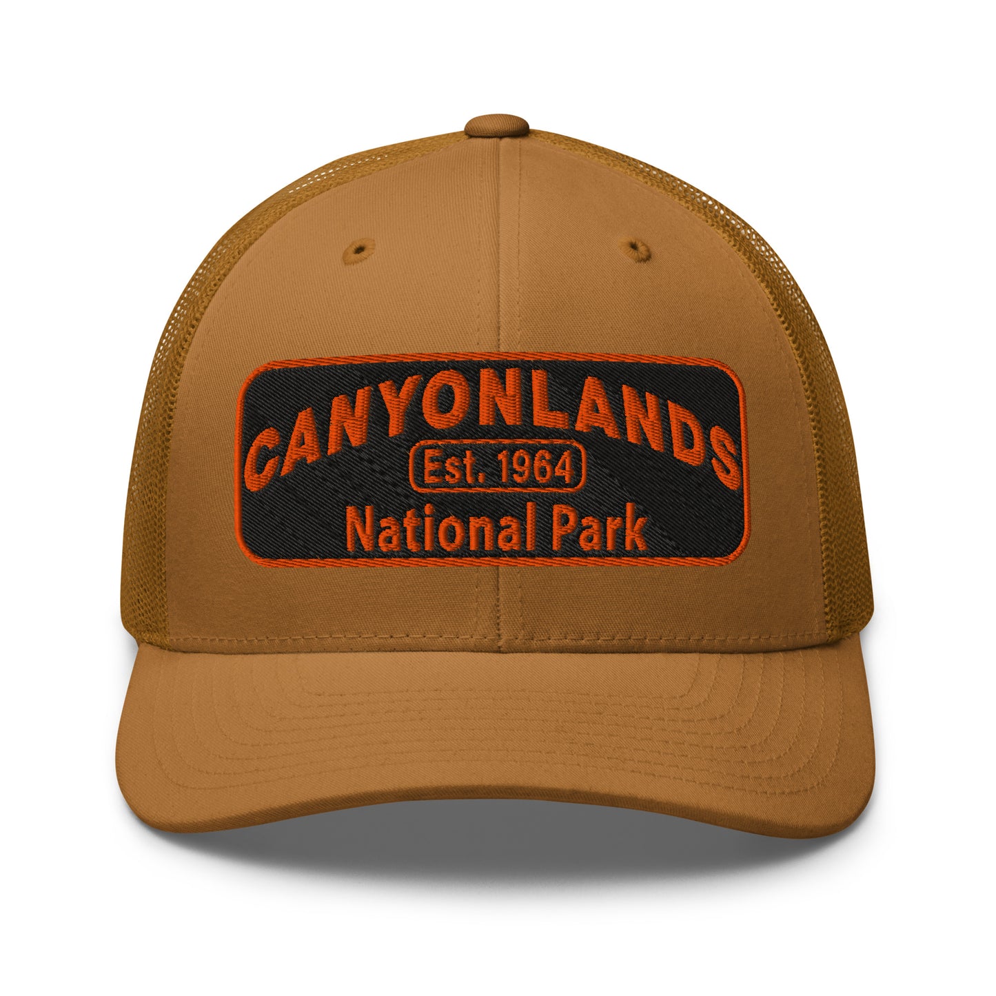 Canyonlands National Park Camo Hat - Black and orange embroidered patch logo - Yupoong 6606 Trucker Hat - Front View - Color: Caramel