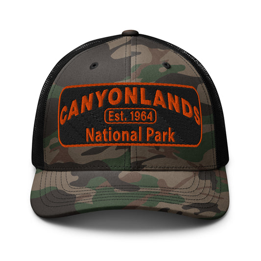 Canyonlands National Park Camo Hat - Black and orange embroidered patch logo -Otto 105-1247 Camo Trucker Hat - Front View - Color: Black/Camo