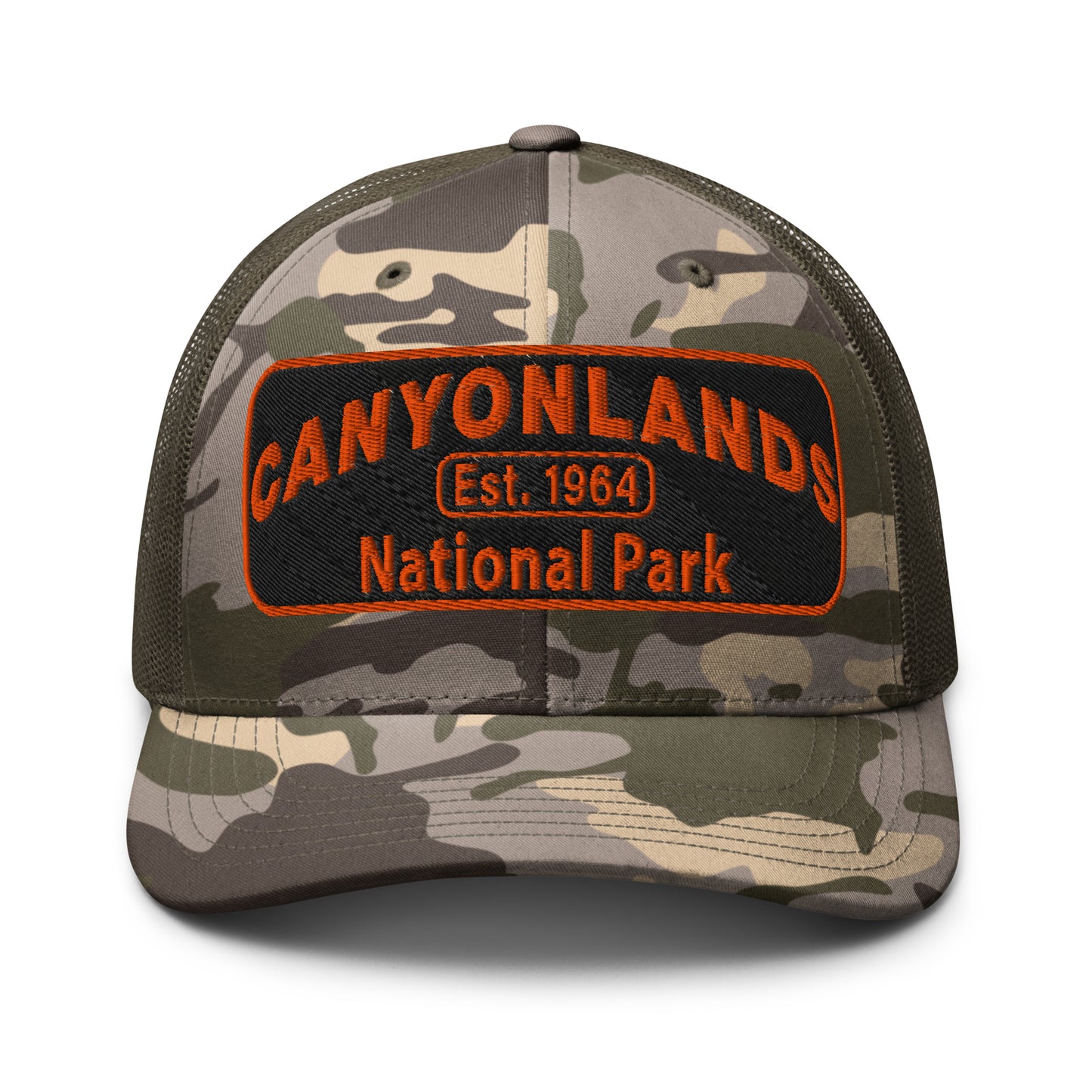 Canyonlands National Park Camo Hat - Black and orange embroidered patch logo -Otto 105-1247 Camo Trucker Hat - FrontView - Color: Olive/Camo