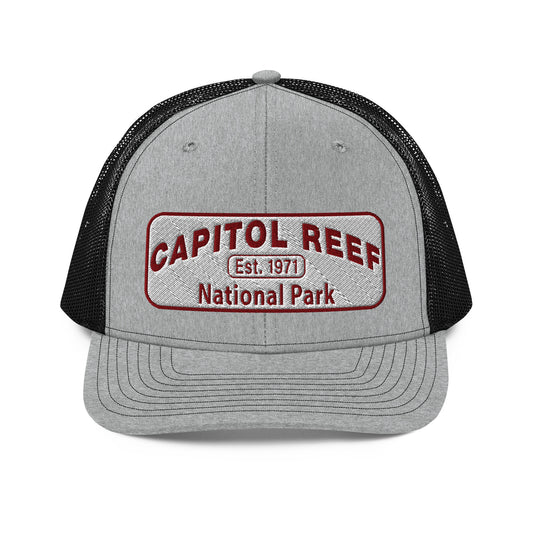 Capitol Reef National Park Camo Hat - White and Maroon embroidered logo - Richardson 112 Trucker Hat - Front View - Color: Heather/Black