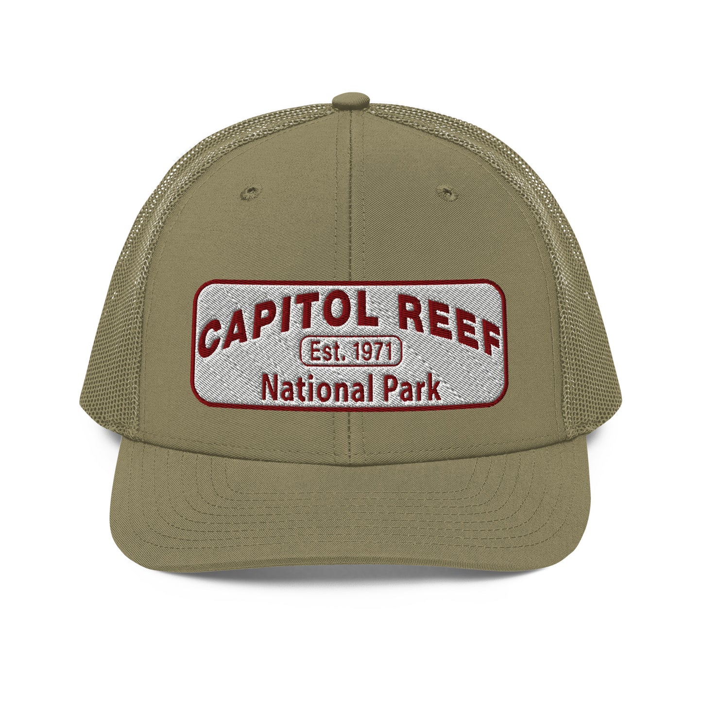 Capitol Reef National Park Camo Hat - White and Maroon embroidered logo - Richardson 112 Trucker Hat - Front View - Color: Loden