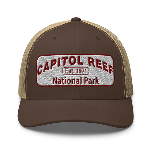 Capitol Reef National Park Camo Hat - White and Maroon embroidered logo - Yupoong 6606 Trucker Hat - Front View - Color: Brown/Khaki