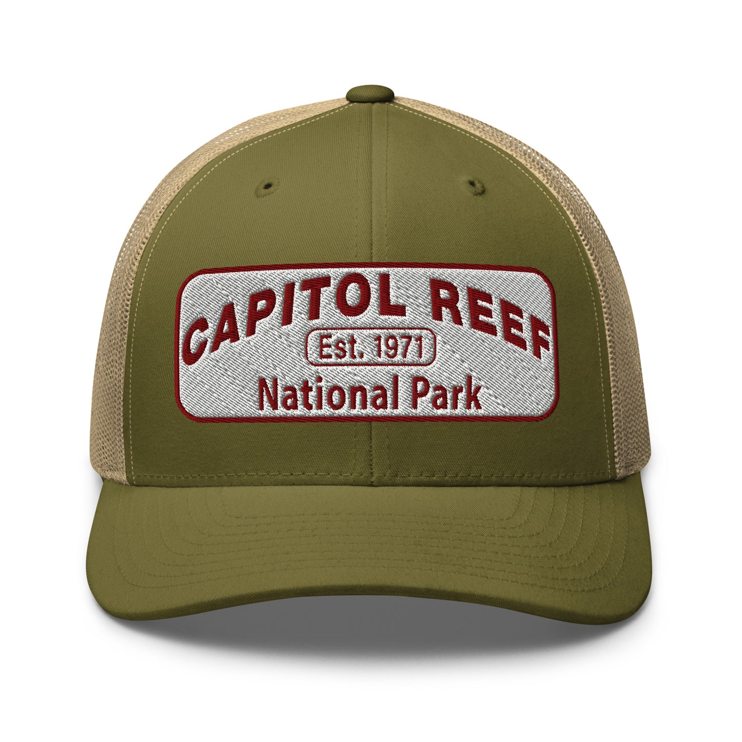 Capitol Reef National Park Camo Hat - White and Maroon embroidered logo - Yupoong 6606 Trucker Hat - Front View - Color: Moss Green/Khaki