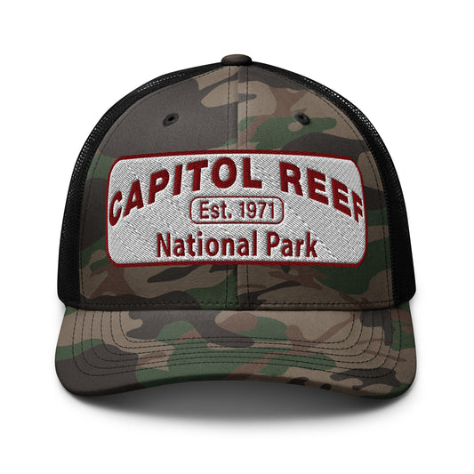 Capitol Reef National Park Camo Hat - White and Maroon embroidered logo - Otto 105-1247 Camo Trucker Hat - Front View - Color: Black/Camo