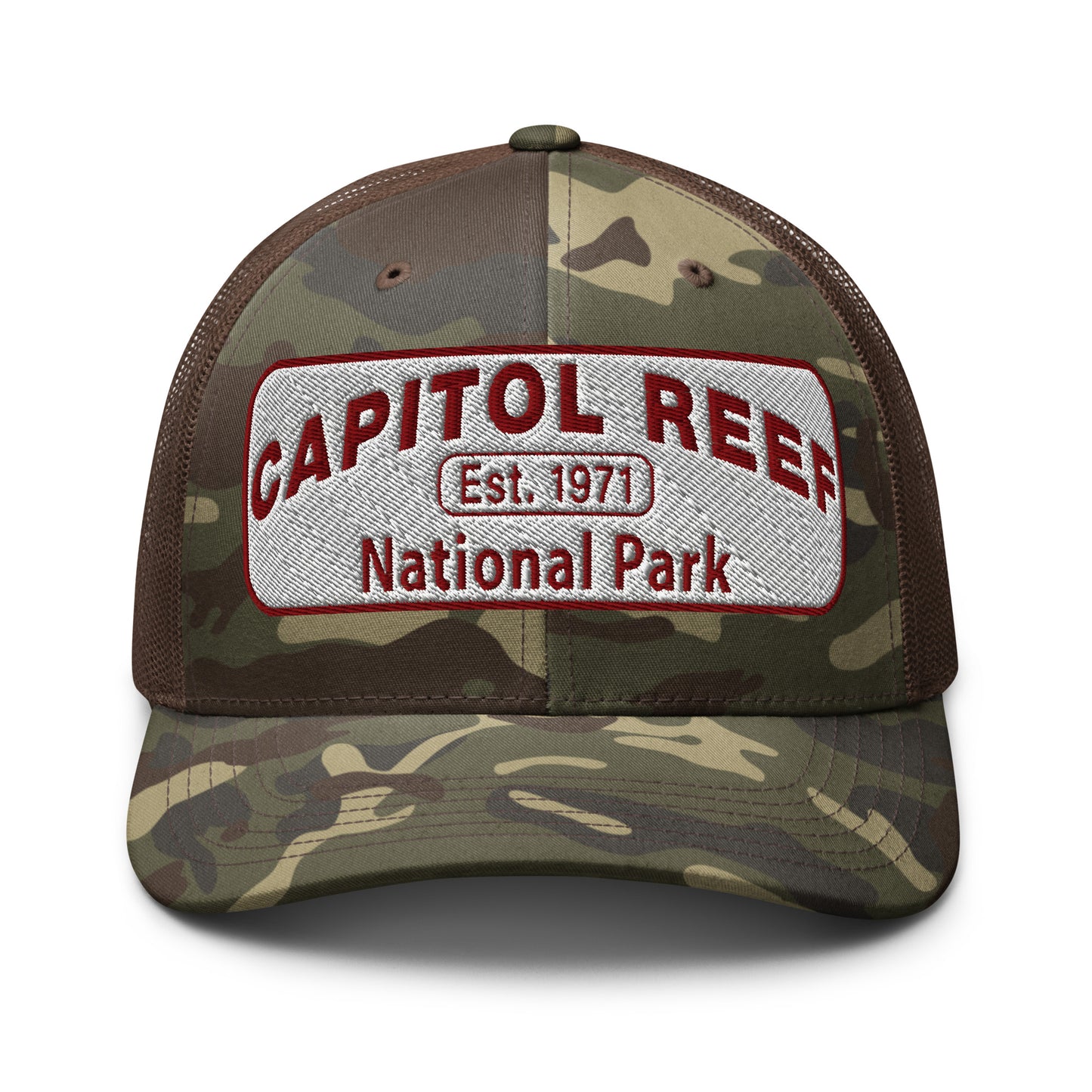 Capitol Reef National Park Camo Hat - White and Maroon embroidered logo - Otto 105-1247 Camo Trucker Hat - Front View - Color: Brown/Camo