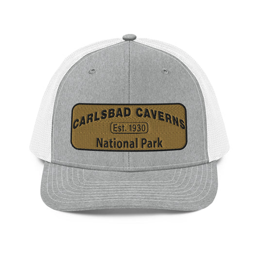 Carlsbad Caverns National Park Camo Hat - Gold and Black Embroidered Patch on Front of hat - Richardson 112 Trucker Hat - Front View - Color: Heather/White