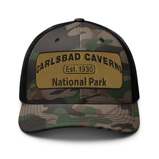 Carlsbad Caverns National Park Camo Hat - Gold and Black Embroidered Patch on Front of hat - Otto 105-1247 Trucker Hat - Front View - Color: Black/Camo