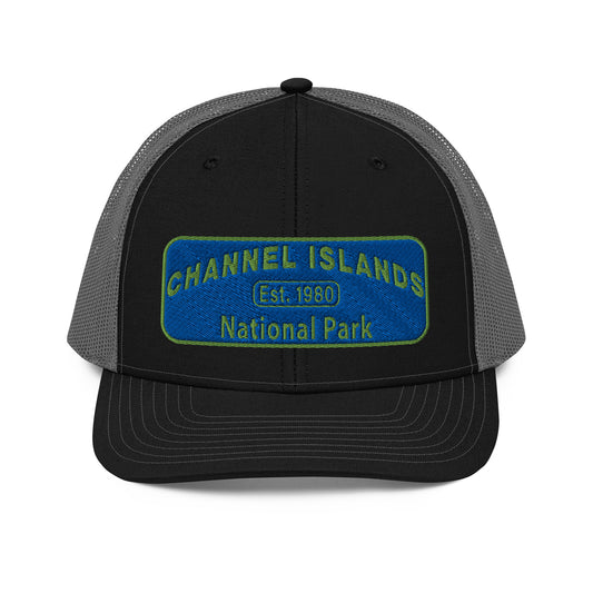 Channel Islands National Park Hat - Blue and Green Embroidered Patch on Front of hat - Richardson 112 Trucker Hat - Front View - Color: Black/Charcoal