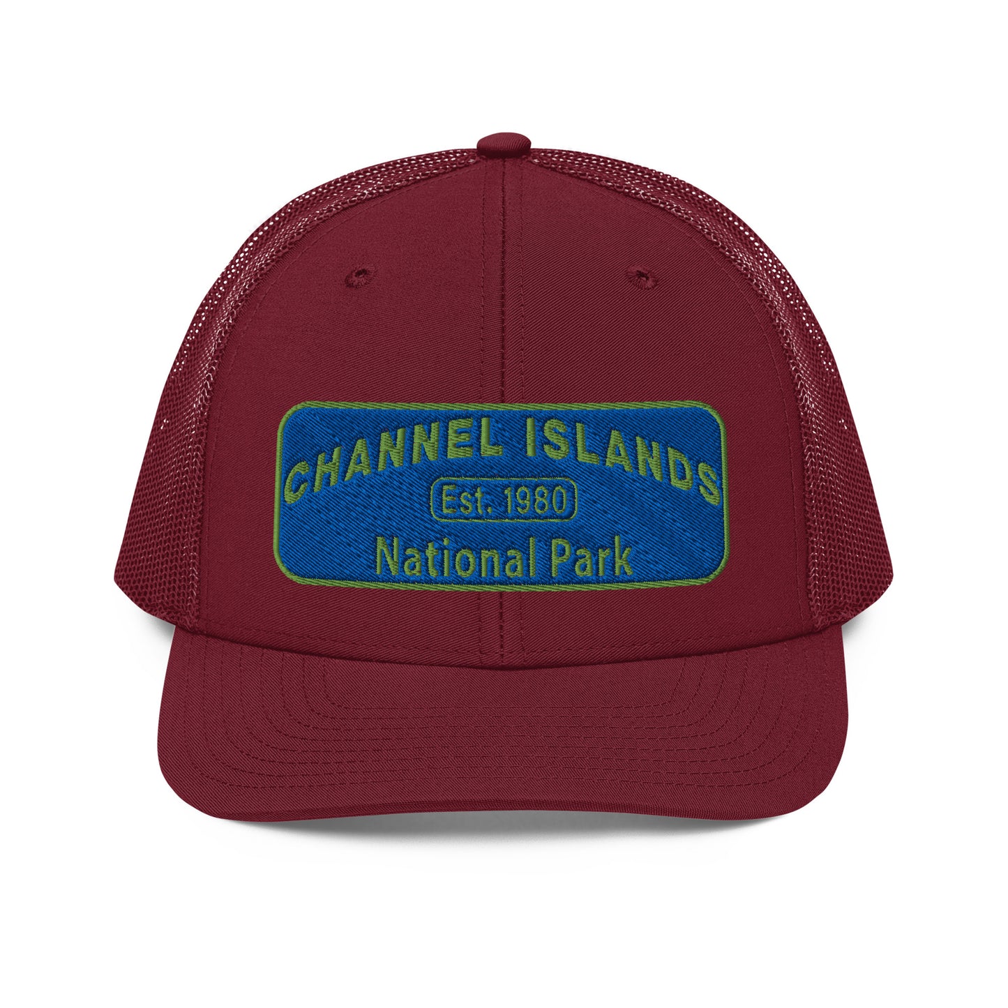 Channel Islands National Park Hat - Blue and Green Embroidered Patch on Front of hat - Richardson 112 Trucker Hat - Front View - Color: Cardinal