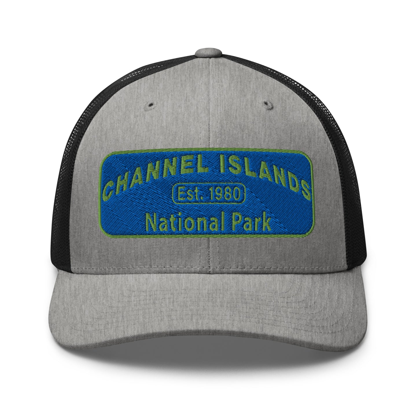 Channel Islands National Park Hat - Blue and Green Embroidered Patch on Front of hat - Yupoong 6606 Trucker Hat - Front View - Color: Heather/Black