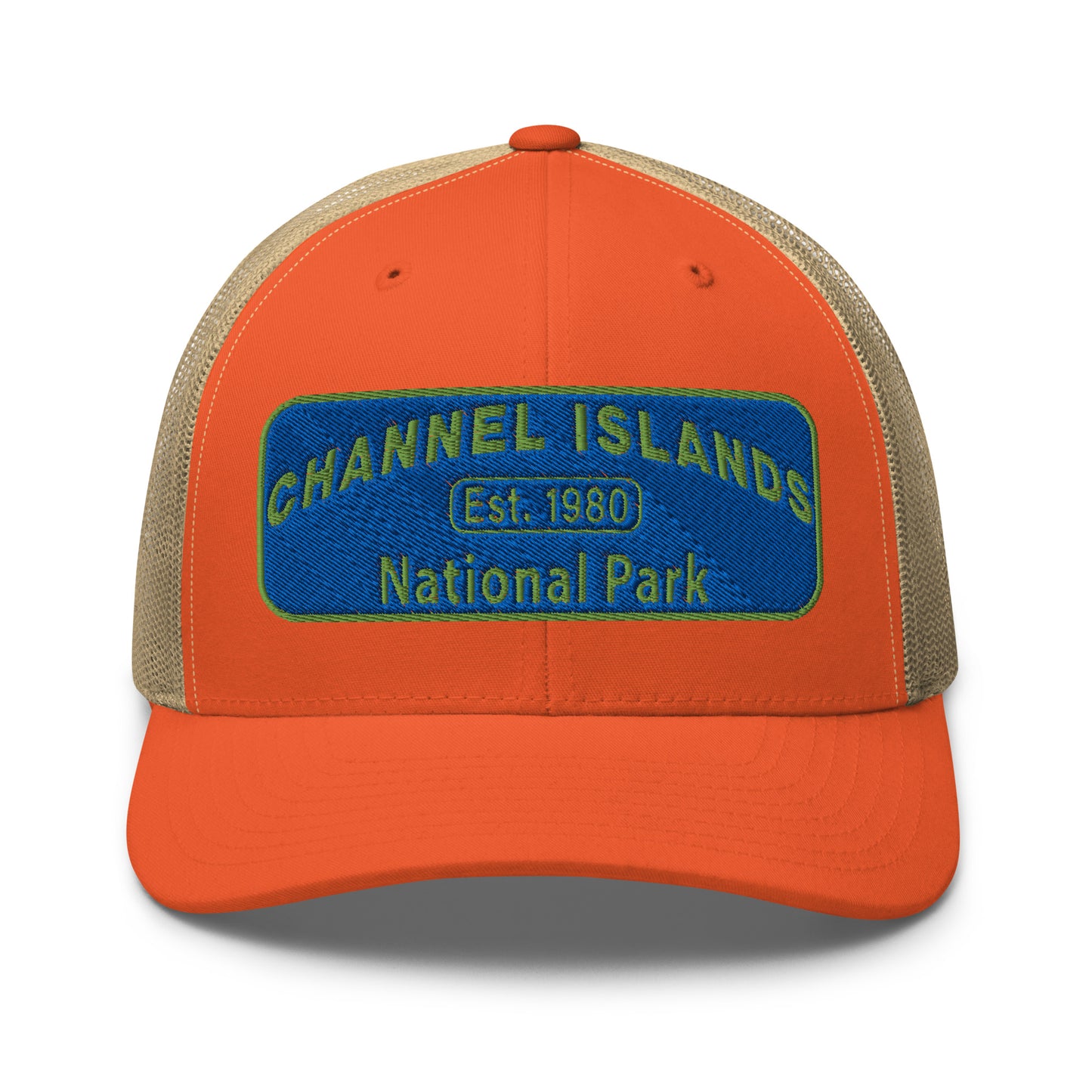 Channel Islands National Park Hat - Blue and Green Embroidered Patch on Front of hat - Yupoong 6606 Trucker Hat - Front View - Color: Orange/Khaki