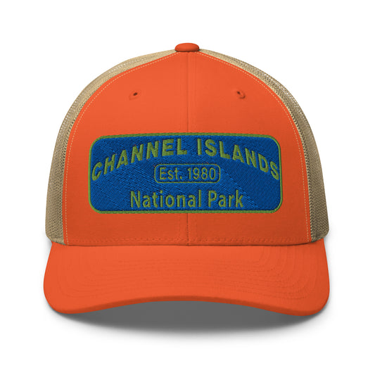 Channel Islands National Park Hat - Blue and Green Embroidered Patch on Front of hat - Yupoong 6606 Trucker Hat - Front View - Color: Orange/Khaki