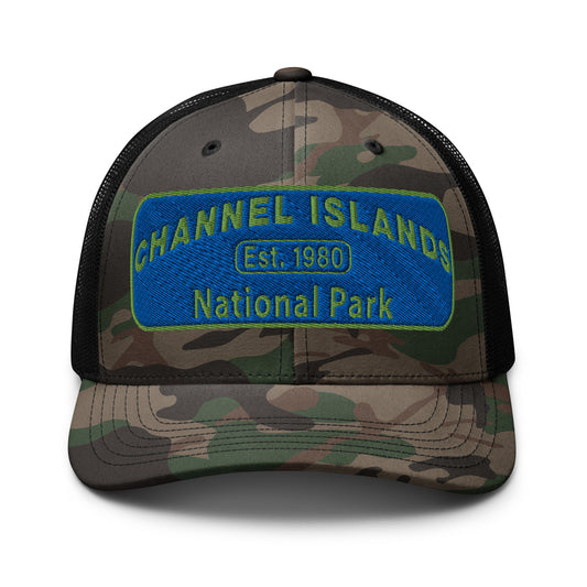 Channel Islands National Park Camo Hat - Blue and Green Embroidered Patch on Front of hat - Otto 105-1247 Trucker Hat - Front View - Color: Black/Camo