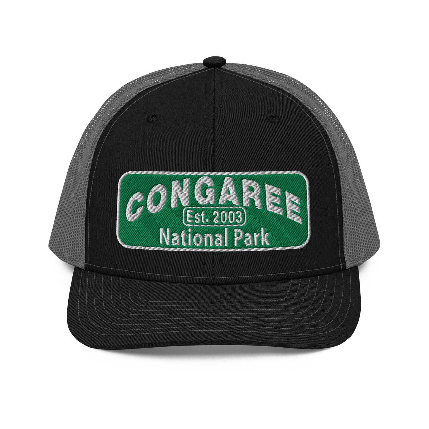 Congaree National Park Hat - Green and White Embroidery patch - Richardson 112 Trucker Hat - Front View - Color: Black/Charcoal