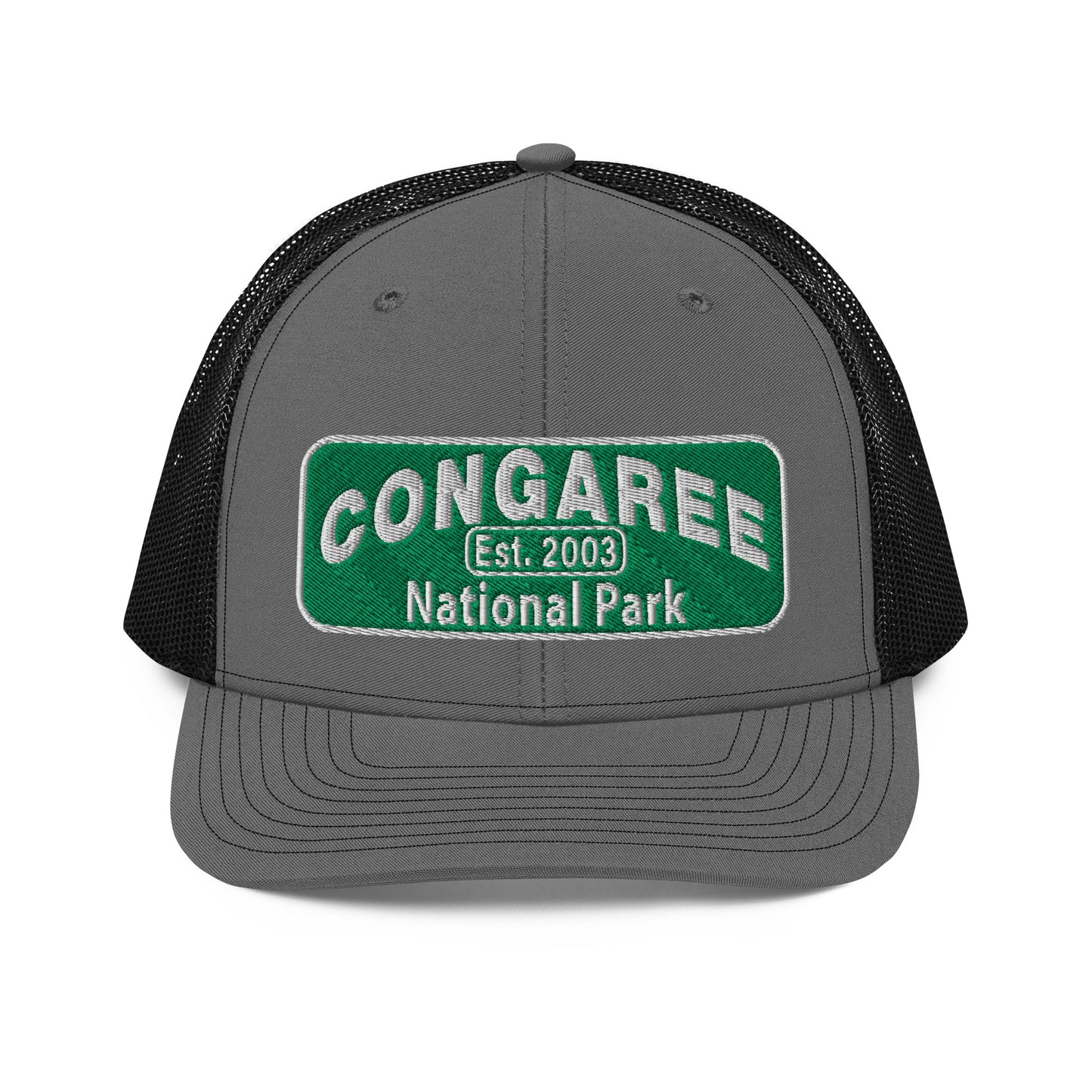 Congaree National Park Camo Hat - Green and White Embroidery patch - Richardson 112 Trucker Hat - Front View - Color: Charcoal/Black