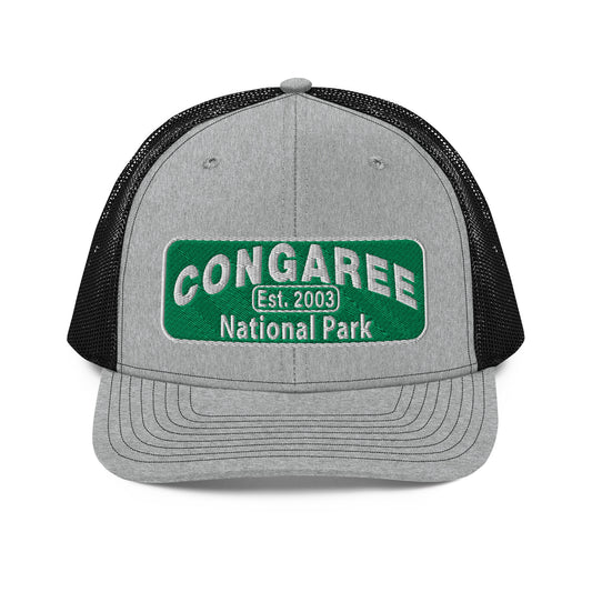 Congaree National Park Hat - Green and White Embroidery patch - Richardson 112 Trucker Hat - Front View - Color: Heather/Black