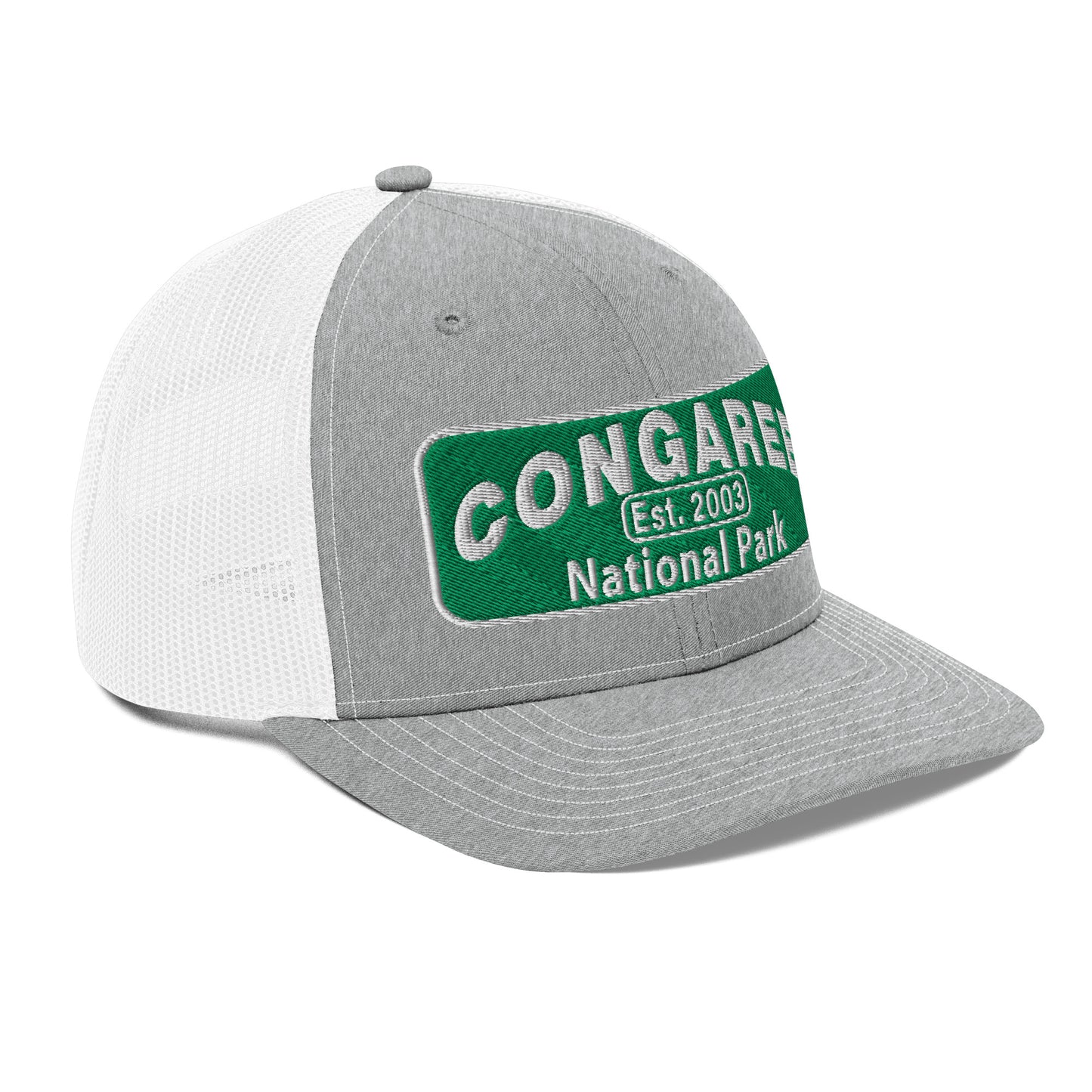 Congaree National Park Hat - Green and White Embroidery patch - Richardson 112 Trucker Hat - Side View - Color: Heather/White