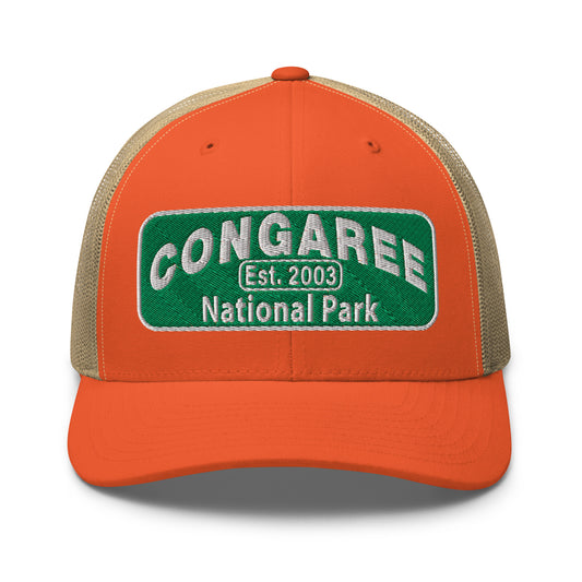 Congaree National Park Hat - Green and White Embroidery patch - Yupoong 6606 Trucker Hat - Front View - Color: Orange/Khaki