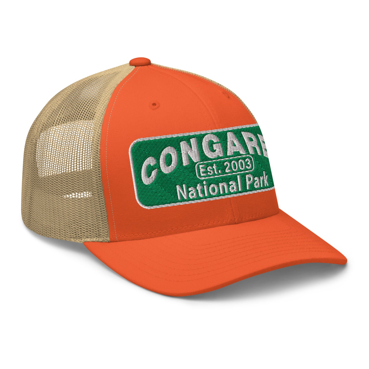 Congaree National Park Hat - Green and White Embroidery patch - Yupoong 6606 Trucker Hat - Side View - Color: Orange/Khaki