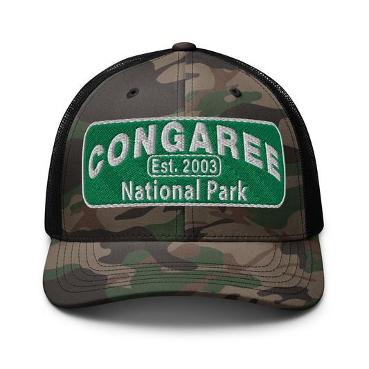 Congaree National Park Camo Hat - Green and White Embroidery patch - Otto 105-1247 Camo Trucker Hat - Front View - Color: Black/Camo