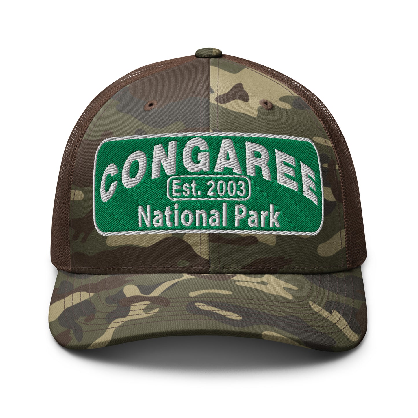 Congaree National Park Camo Hat - Green and White Embroidery patch - Otto 105-1247 Camo Trucker Hat - Front View - Color: Brown/Camo