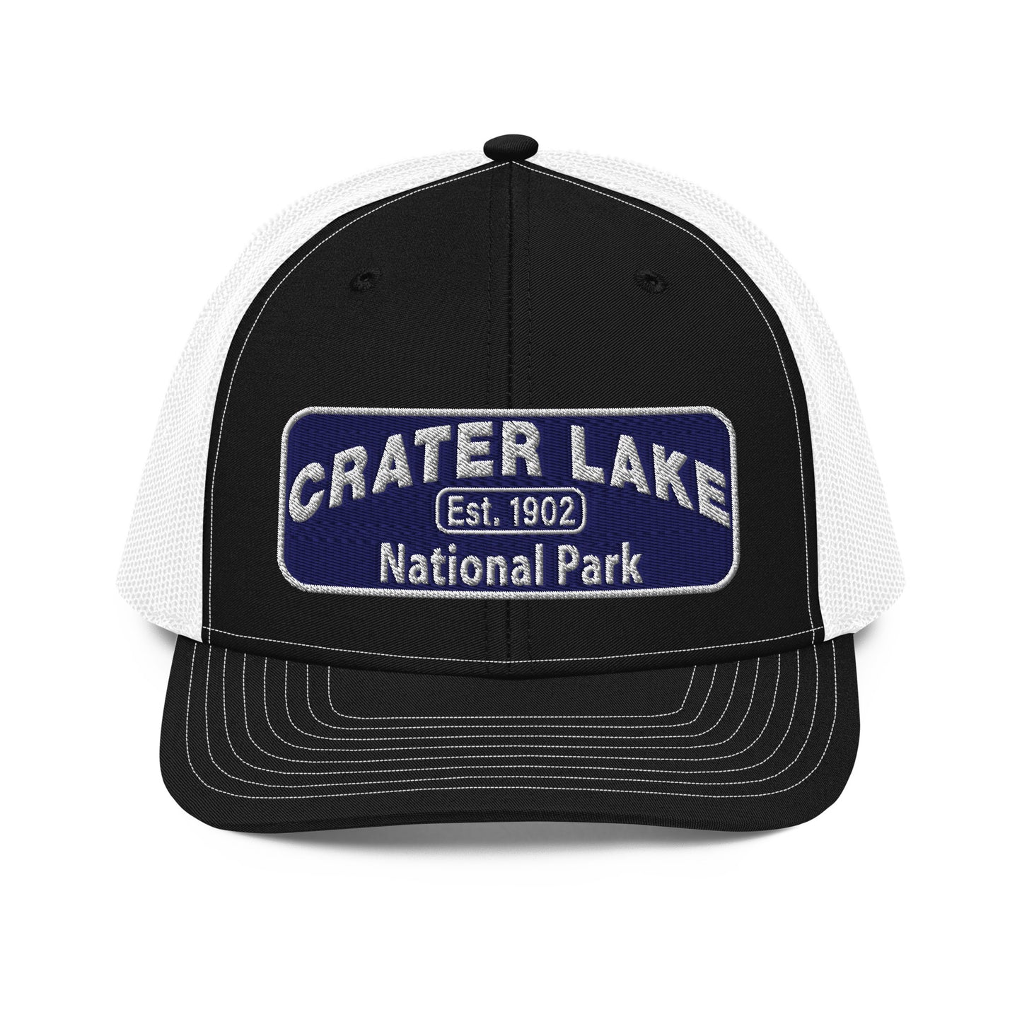 Crater Lake National Park Hat - Blue and White embroidered patch logo - Richardson 112 Trucker Hat - Front View - Color: Black/White