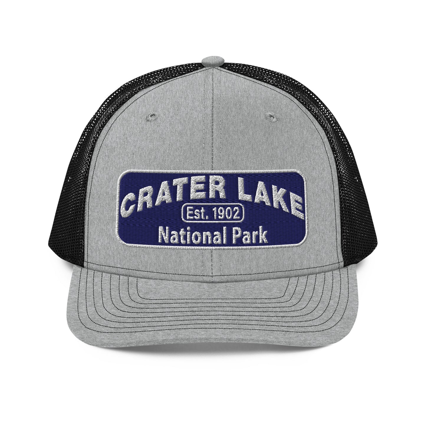 Crater Lake National Park Hat - Blue and White embroidered patch logo - Richardson 112 Trucker Hat - Front View - Color: Heather/Black