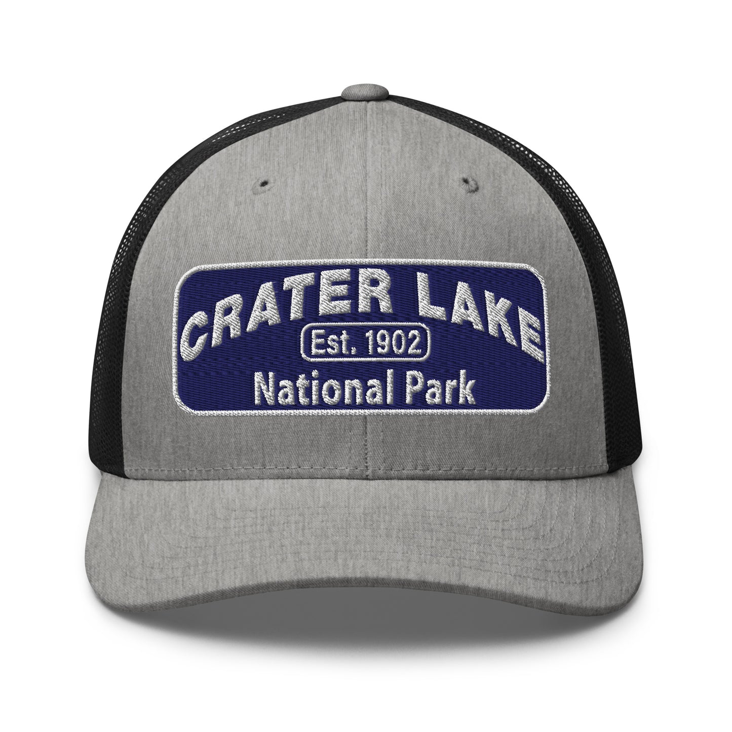 Crater Lake National Park Hat - Blue and White embroidered patch logo - Yupoong 6606 Trucker Hat - Front View - Color: Heather/Black