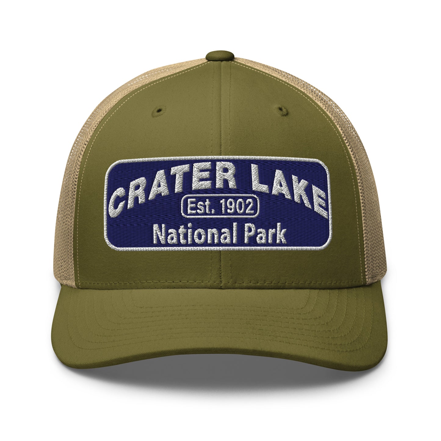 Crater Lake National Park Hat - Blue and White embroidered patch logo - Yupoong 6606 Trucker Hat - Front View - Color: Moss Green/Khaki