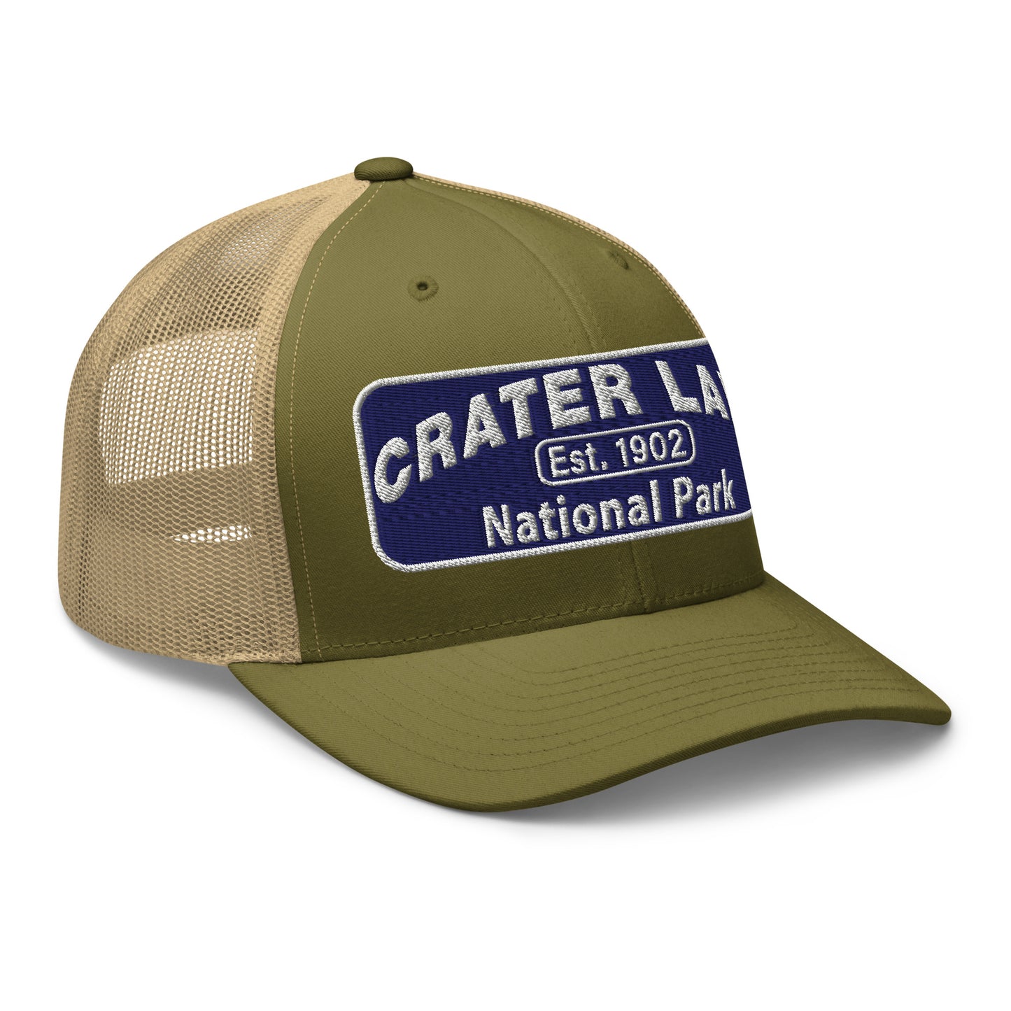 Crater Lake National Park Hat - Blue and White embroidered patch logo - Yupoong 6606 Trucker Hat - Side View - Color: Moss Green/Khaki