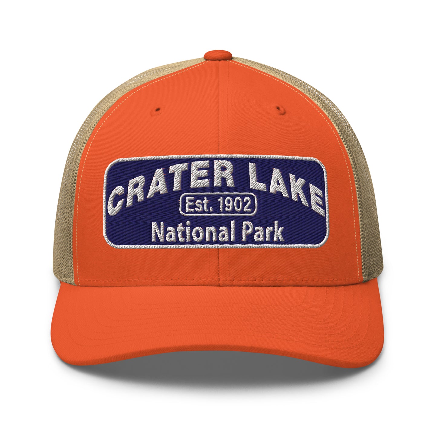 Crater Lake National Park Hat - Blue and White embroidered patch logo - Yupoong 6606 Trucker Hat - Front View - Color: Orange/Khaki