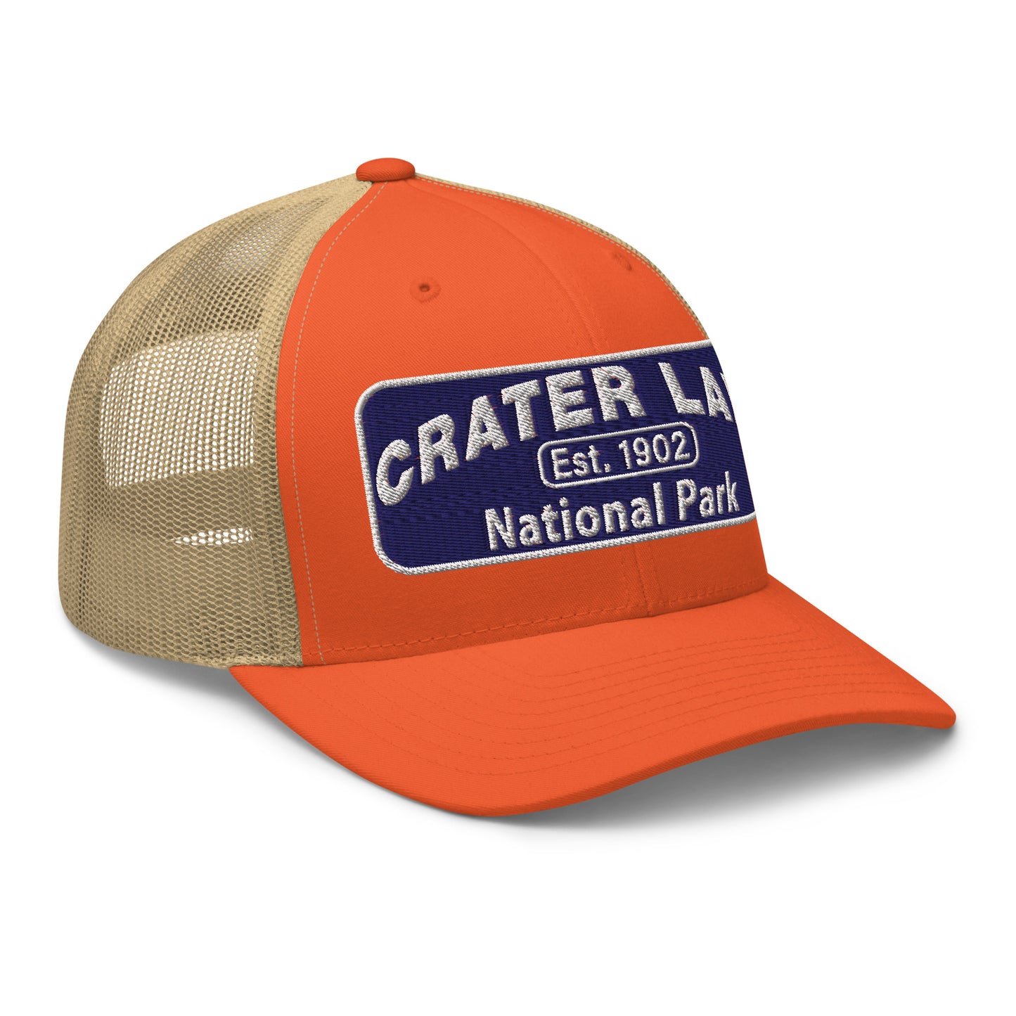 Crater Lake National Park Hat - Blue and White embroidered patch logo - Yupoong 6606 Trucker Hat - Side View - Color: Orange/Khaki